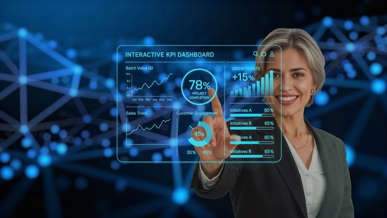 A stunning, full-screen futuristic user interface concept. It features an augmented reality overlay on a complex machine, highlighting diagnostic data. The interface is clean, intuitive, and highly functional, glowing with electric cyan and soft white light against a dark, abstract background. Focus on seamless interaction and advanced information display.